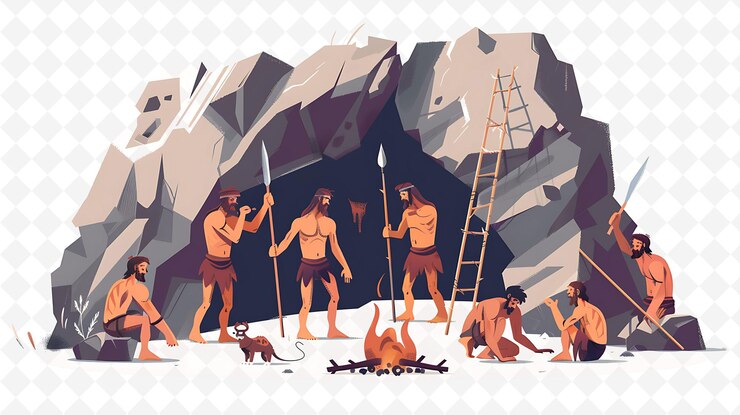 PSD cavemen painting on cave walls design is primitive and artis flat illustration festival theme art