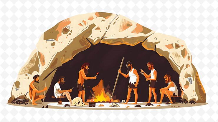 PSD cavemen painting on cave walls design is primitive and artis flat illustration festival theme art