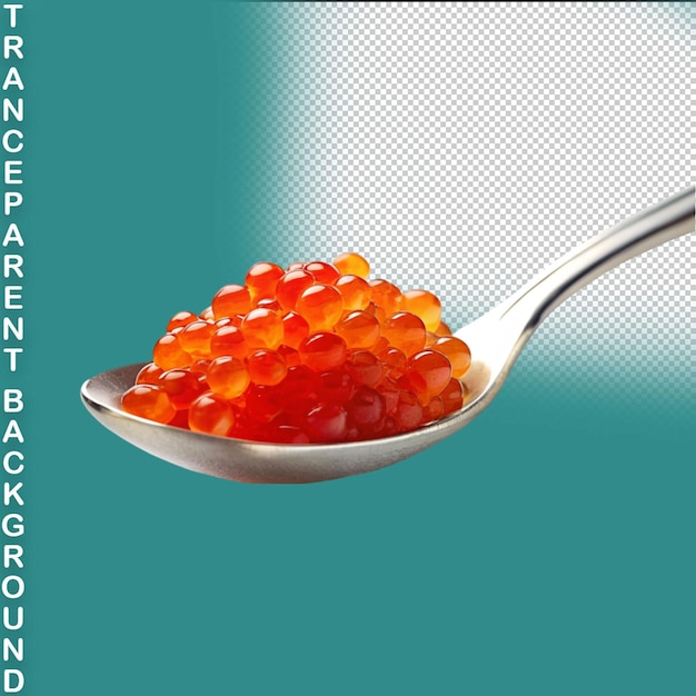 PSD caviar de salmón rojo con granos frescos en cuchara metálica de fondo transparente