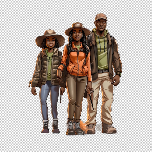 PSD la caza de la familia negra en 3d estilo de dibujos animados de fondo transparente es