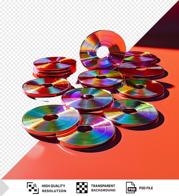 de CD transparentes apilados uno encima del otro en una mesa roja