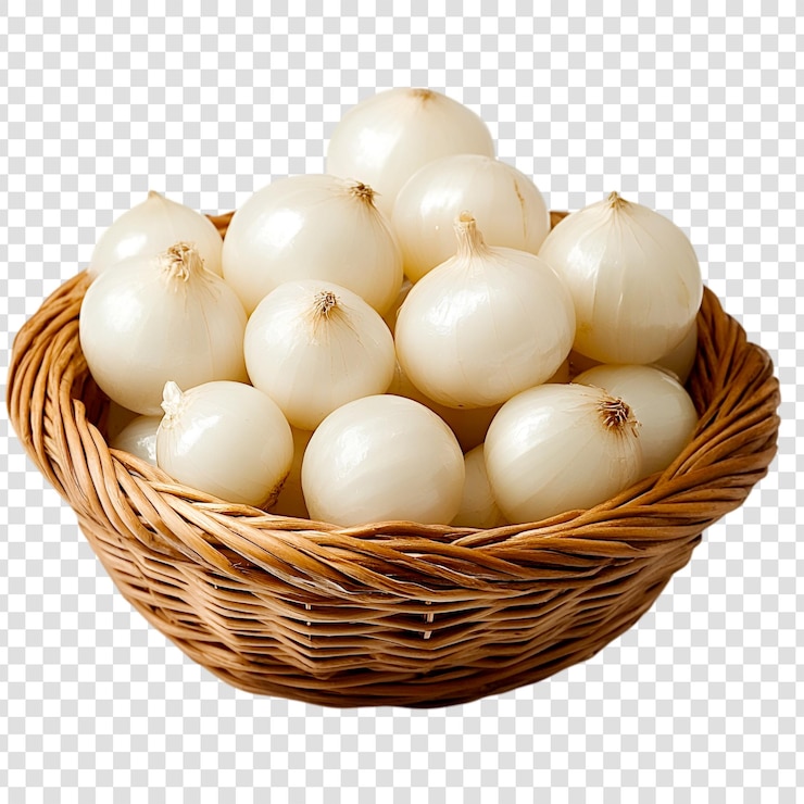 PSD cebollas blancas en una canasta de mimbre cosecha fresca comida saludable