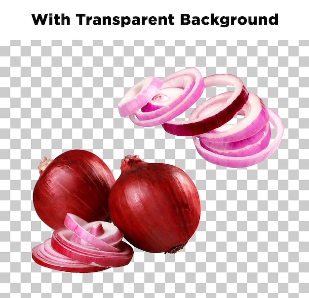 cebollas rojas y anillos de cebolla en rodajas con fondo transparente
