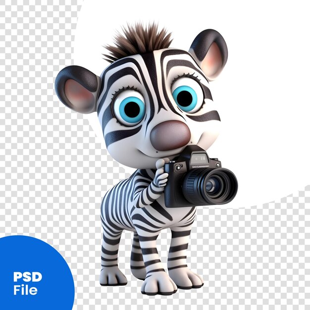 Cebra de dibujos animados con una cámara en la mano; plantilla psd de renderizado 3d