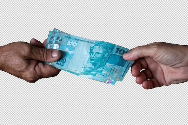 PSD cédulas brasileiras cem reais mão de homem e mão de mulher segurando notas de cem reais com fundo transparente png