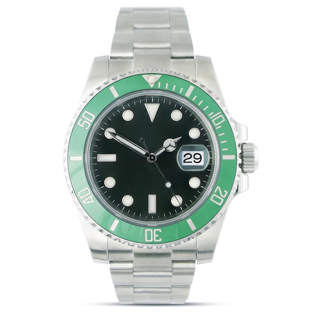 Ceinture Rolex argentée verte et noire au poignet
