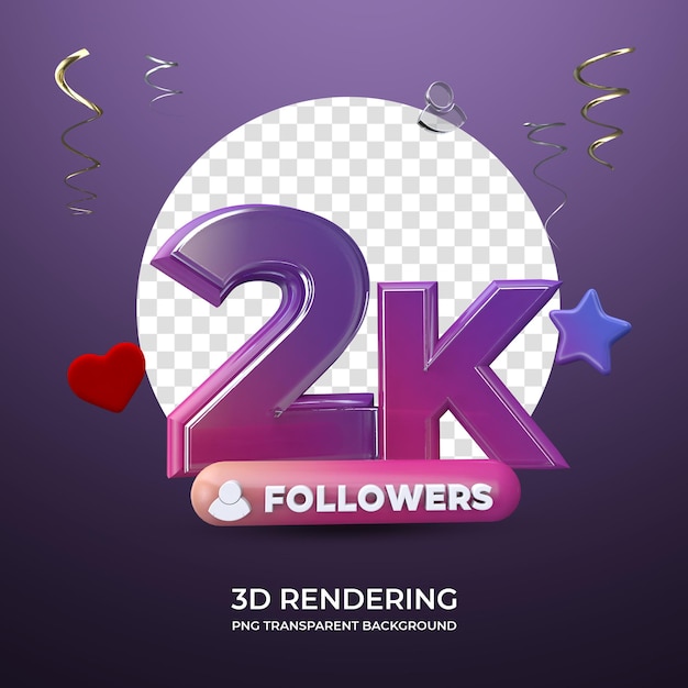 Celebração 2k seguidores 3d renderizando fundo transparente isolado