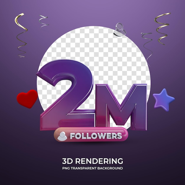 Celebração 2m seguidores 3d renderizando fundo transparente isolado