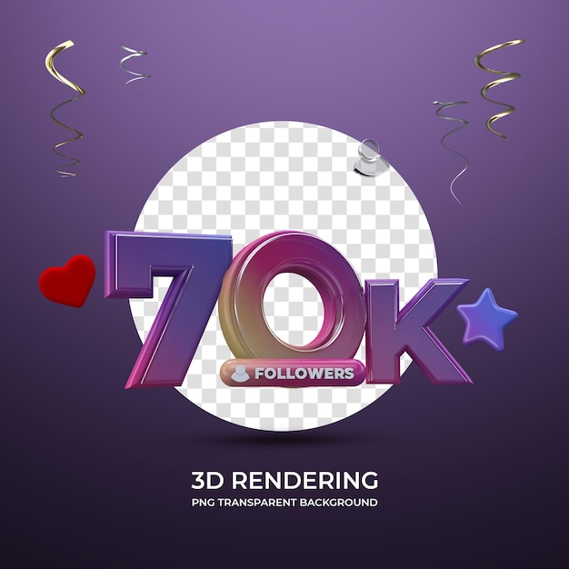 PSD celebração 70k seguidores 3d renderizando fundo transparente isolado