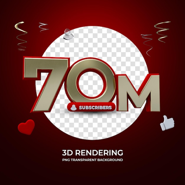 Celebração de 70 milhões de assinantes 3d renderizando fundo transparente isolado