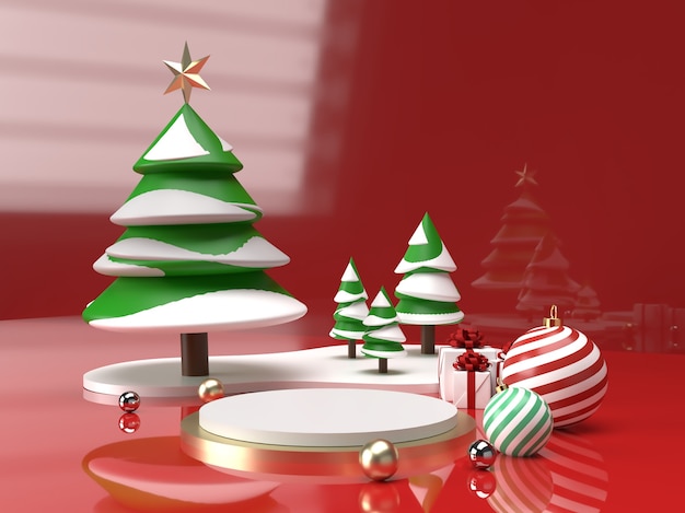 Celebração de natal com árvore de natal, bola e cena de produto em 3d