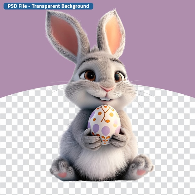 PSD celebração de páscoa com o bonito coelho de páscoa de desenho animado e o coelho 3d segurando um ovo.