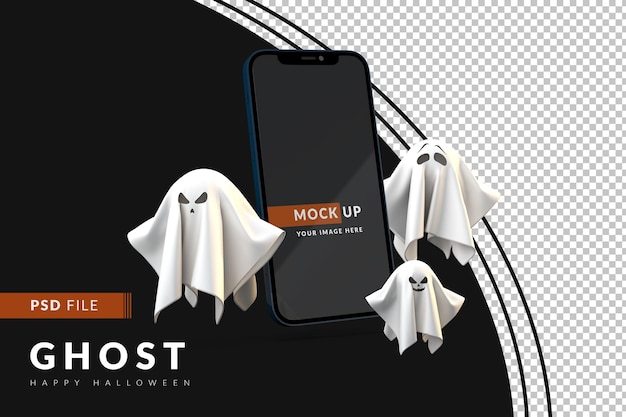 PSD celebração digital de halloween com fantasmas e display de maquete de smartphone