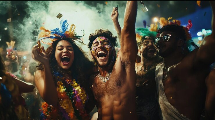 PSD celebração vibrante com participantes alegres numa festa