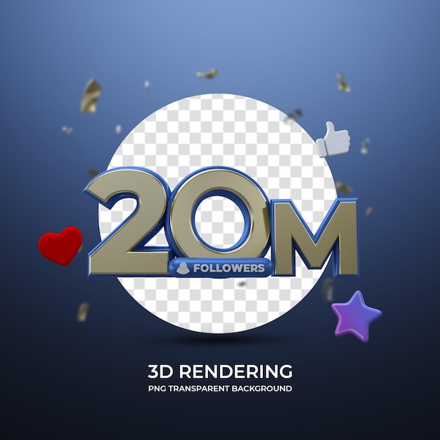 Celebración 20 millones de seguidores representación 3d fondo transparente aislado