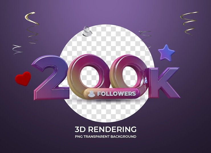 PSD celebración 200k seguidores representación 3d fondo transparente aislado