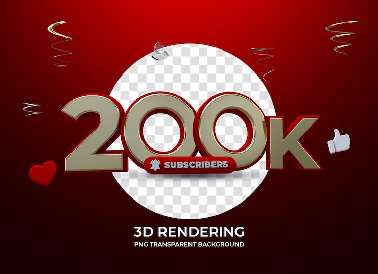 PSD celebración 200k suscriptores representación 3d fondo transparente aislado