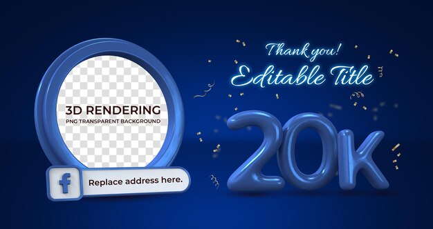 Celebración 20k me gusta y seguidores plantilla de banner renderizado 3d