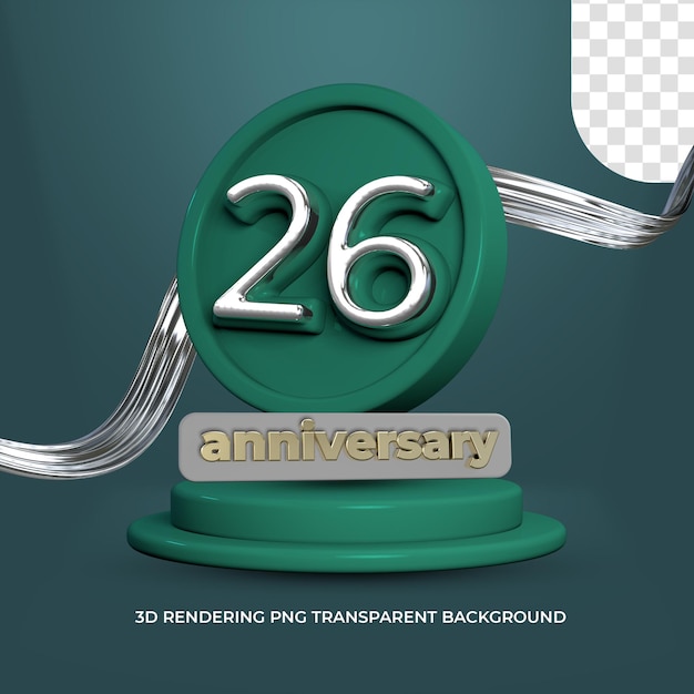 Celebración 26 años aniversario plantilla de cartel 3d render fondo transparente