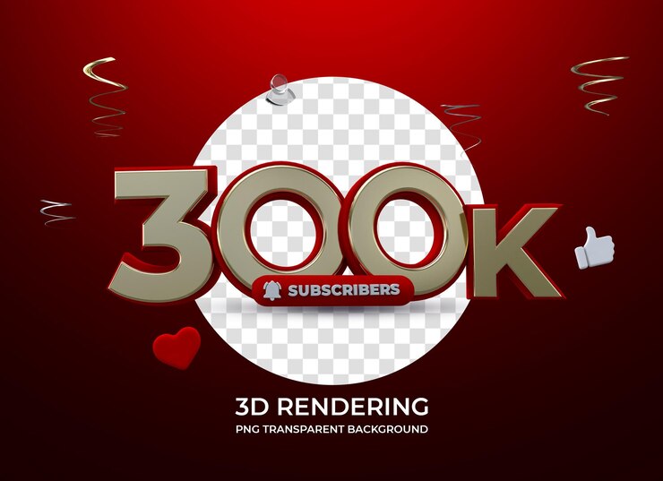 PSD celebración 300k suscriptores representación 3d fondo transparente aislado