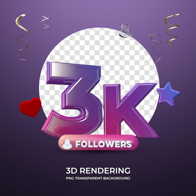 Celebración 3K Seguidores Representación 3d fondo transparente aislado