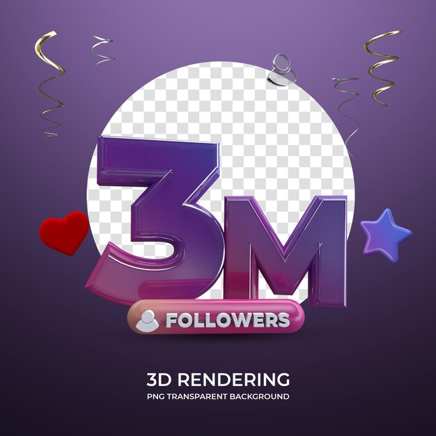 Celebración 3M Seguidores Representación 3d fondo transparente aislado