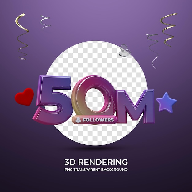 Celebración 50M Seguidores Representación 3d fondo transparente aislado