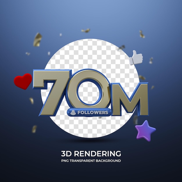 Celebración 70 millones de seguidores representación 3d fondo transparente aislado