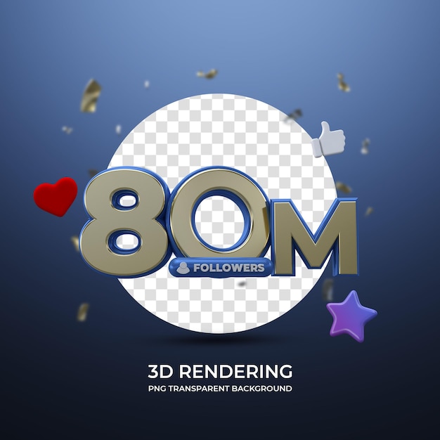 Celebración 80 millones de seguidores representación 3d fondo transparente aislado