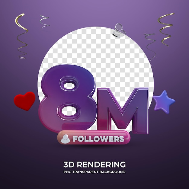 Celebración 8M Seguidores Representación 3d fondo transparente aislado
