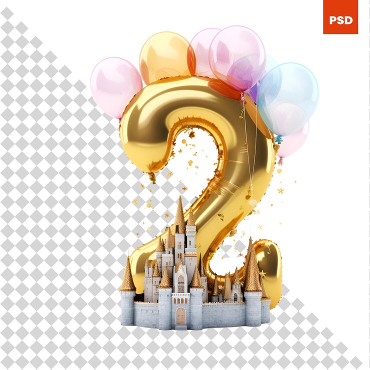 PSD celebración del aniversario de oro número 2 con castillo y globos 3d render