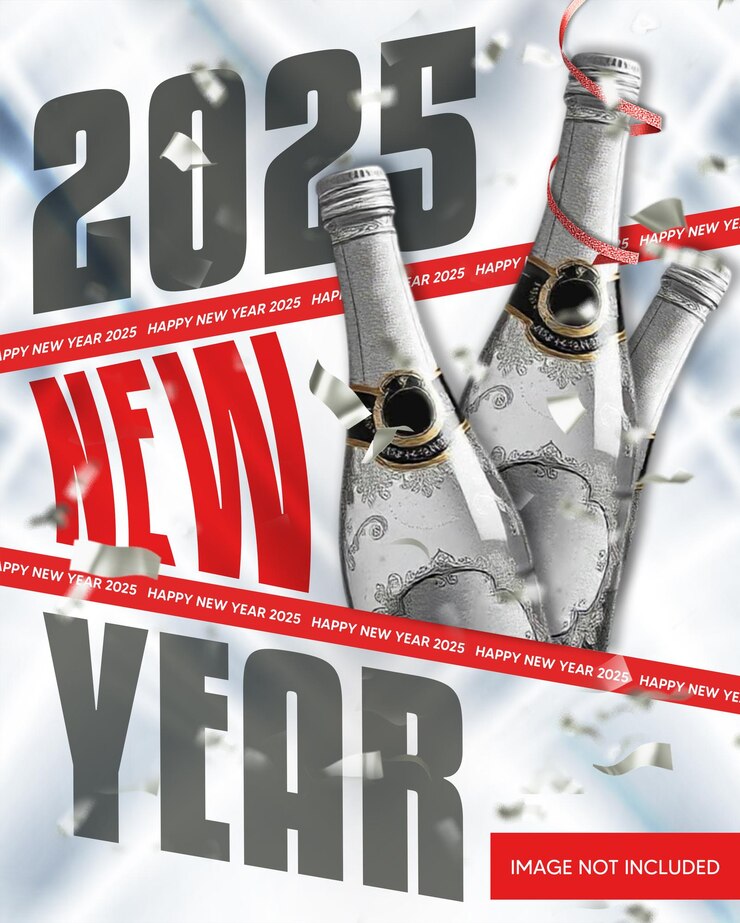 Celebración del Año Nuevo 2025 con botellas de champán y plantilla de diseño de confeti