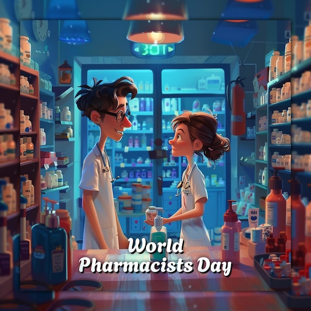 PSD celebración del día mundial de los farmacistas concepto de médico y pastillas para el diseño de publicaciones en las redes sociales