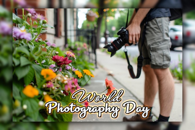 PSD celebración del día mundial de la fotografía con el fondo de la lente de la cámara para la publicación en las redes sociales