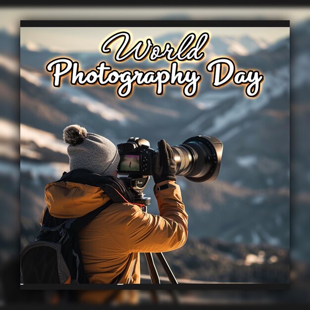 Celebración del día mundial de la fotografía con el fondo de la lente de la cámara para la publicación en las redes sociales