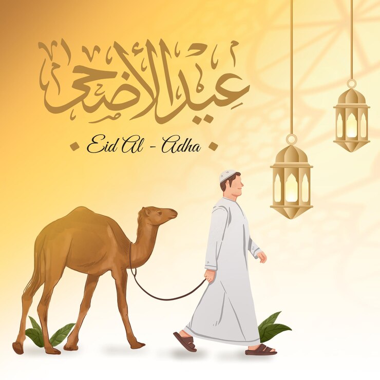 PSD celebración del eid al-adha con camellos y peregrinos