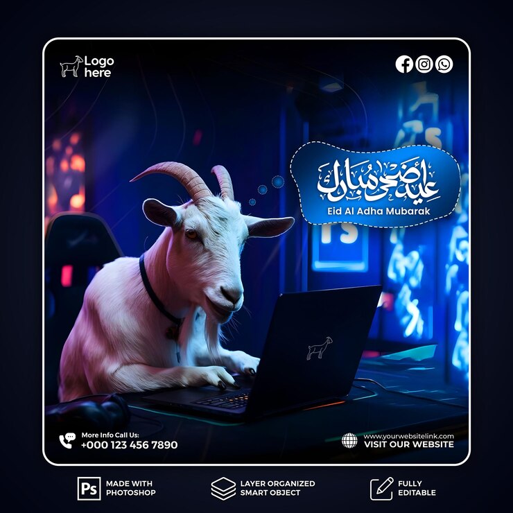 Celebración del Eid alAdha Cabra jugando en el portátil