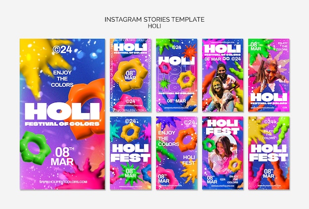 PSD celebración del festival de holi en las historias de instagram.