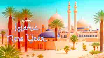 PSD celebración islámica del año nuevo ilustración alegre de la mezquita para la renovación espiritual