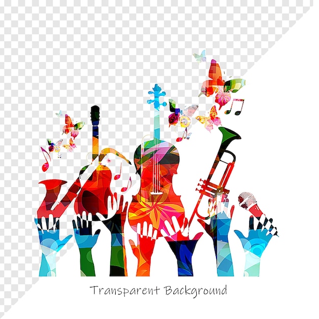 Celebración musical colorida con instrumentos y mariposas