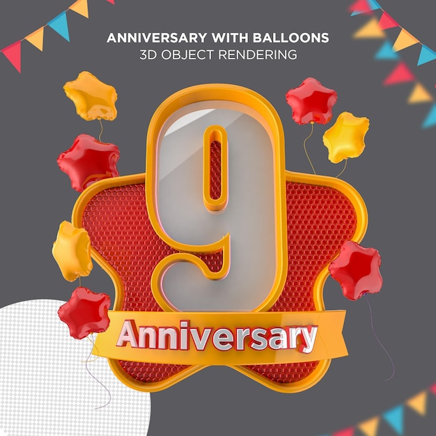 Celebración del noveno aniversario con logo 3d render ilustración