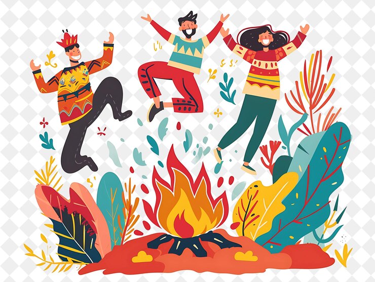 PSD celebración de nowruz con personajes saltando por encima de una hoguera festival de png ilustraciones de arte plano 2d