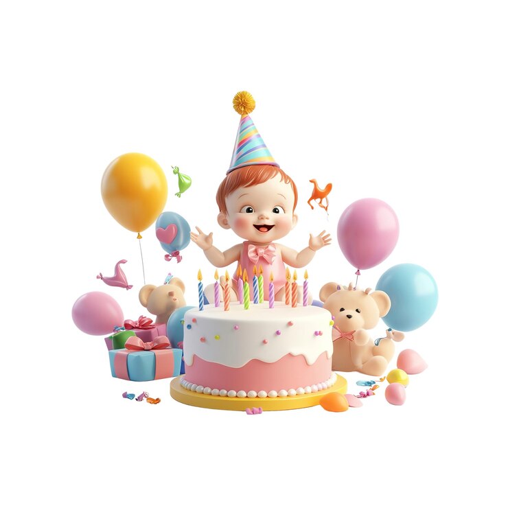 PSD celebración del primer cumpleaños de adorables bebés con pastel y globos