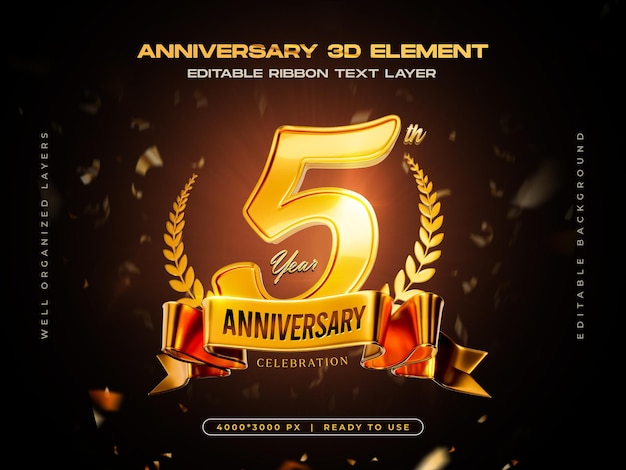 Celebración del quinto aniversario plantilla de insignia dorada en 3D para composición
