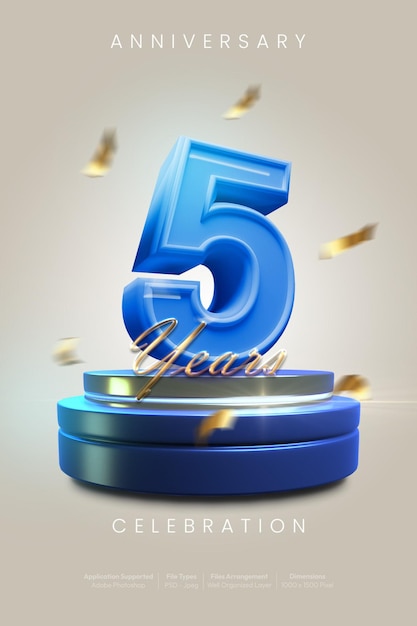 Celebración del quinto aniversario de PSD en azul sobre un fondo blanco