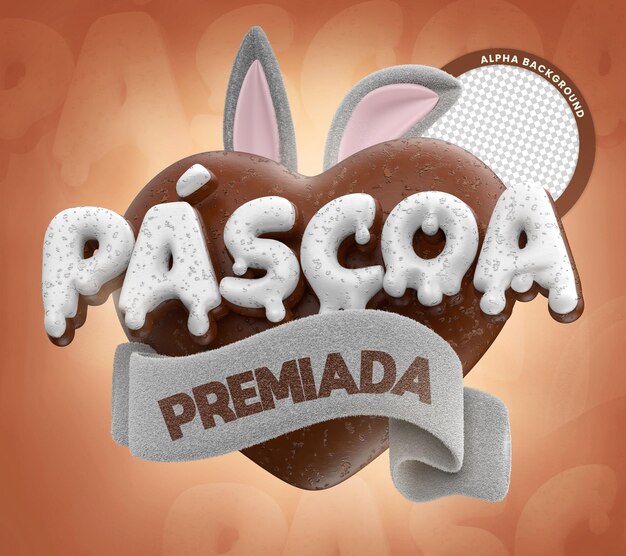 PSD celebración del texto del conejito de chocolate del corazón 3d del sello de pascua