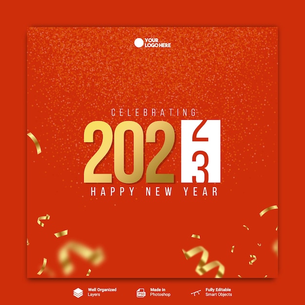 Celebrando il modello psd post sui social media del nuovo anno 2023