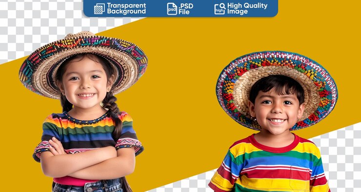 PSD celebrando o cinco de mayo com um grupo de crianças mexicanas um menino e uma menina com chapéus