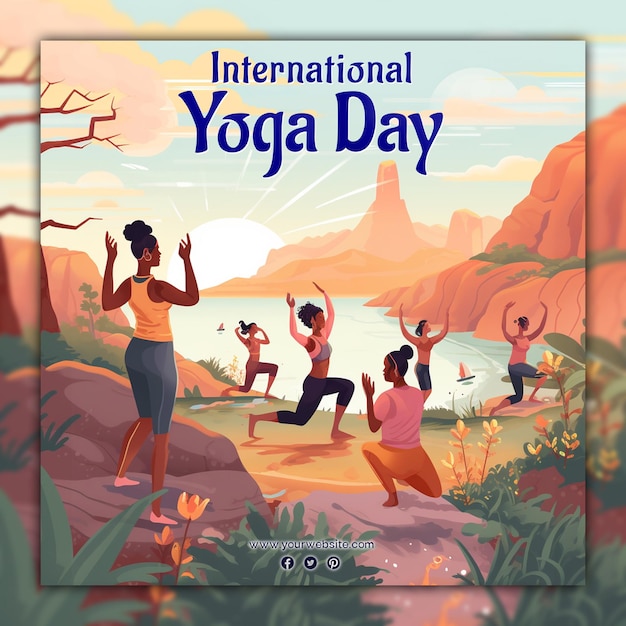 Celebrar el día internacional del yoga para el post en las redes sociales.