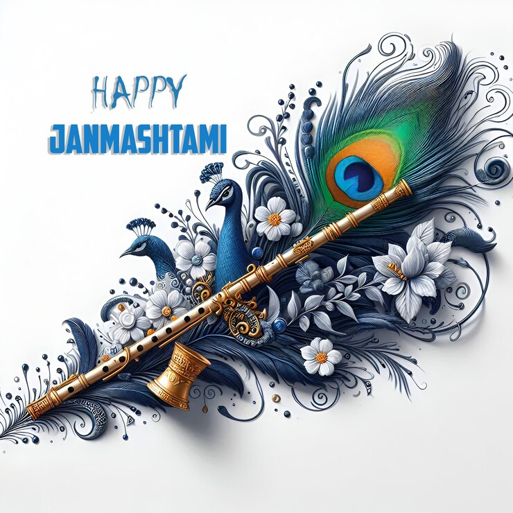 PSD celebrar el janmashtami con una flauta sobre un fondo blanco